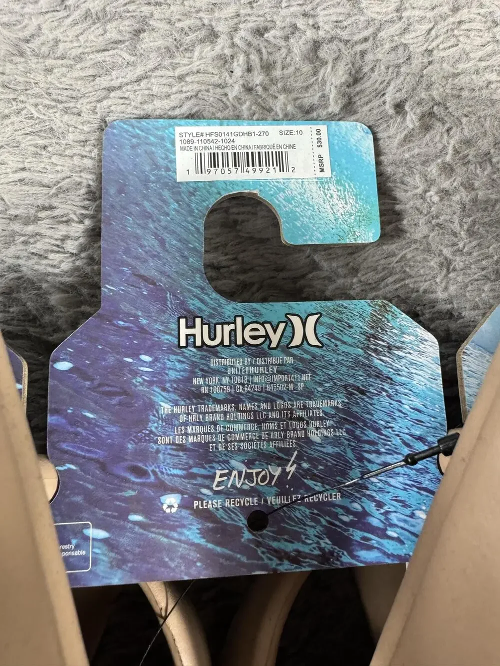 Hurley Sandals Men's Size 10 Beige Lightweight Thong Flip Flop Casual Beach